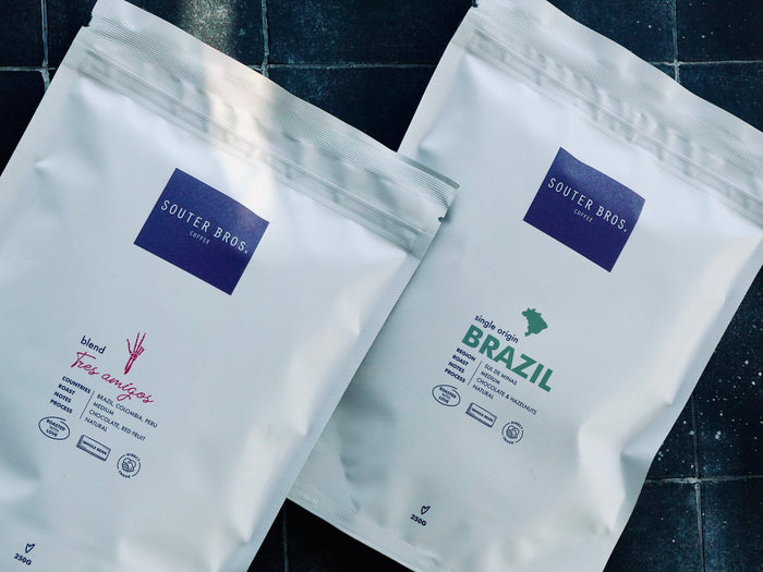 Two bags of Souter Bros. white label coffee beans — Tres Brazil blend